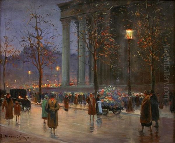 Le Marche Aux Fleurs Place De La Madeleine Le Soir Oil Painting by Paul-Marcel Candies Balmigere