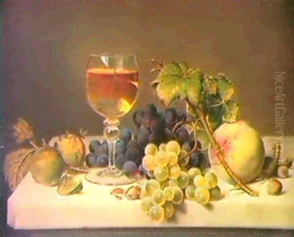 Still Life With Plums, Grapes, A Peach, Nuts And A Glass Of Wine On A Marble Ledge Oil Painting by Carl Vilhelm Balsgaard
