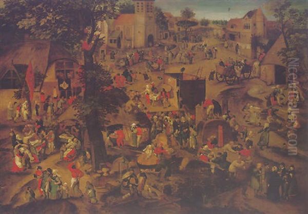 A Perfomance Of The Farce Een Cluyte Van Plaeyerwater At A Flemish Village Kermesse Oil Painting by Pieter Balten