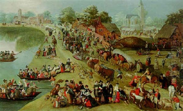 A Kermesse In A Village By A River, Church Beyond Oil Painting by Pieter Balten