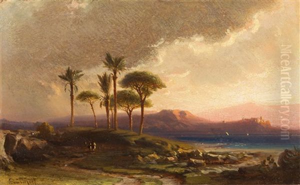 Spanische Kustenlandschaft Mit Palmen Oil Painting by Fritz Bamberger