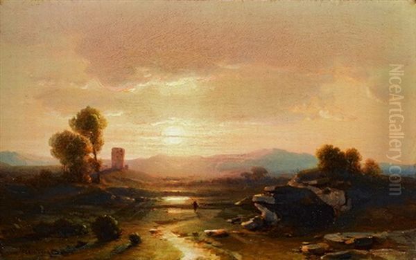 Sudliche Landschaft Mit Sonnenuntergang Oil Painting by Fritz Bamberger