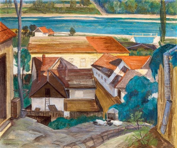 View Of The Danube (szentendre) Oil Painting by Jozsef Banati Sverak