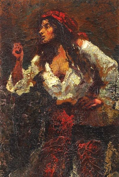 Gypsy Woman With Red Scarf Oil Painting by Octav Bancila