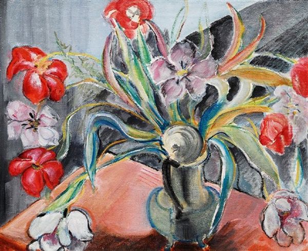 Tulpen In Einem Zinnkrug (+ Another, Verso) Oil Painting by Alma del Banco