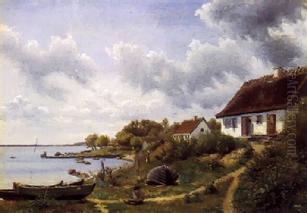 Kystparti Med Fiskerhuse I Forgrunden Moder Og Lille Dreng Oil Painting by Ingeborg Marie Bang