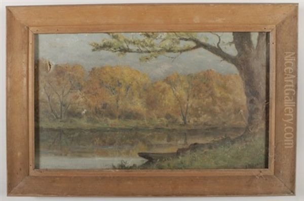 Autumn Twilight, Stream With Beached Skiff Oil Painting by Edward Mitchell Bannister