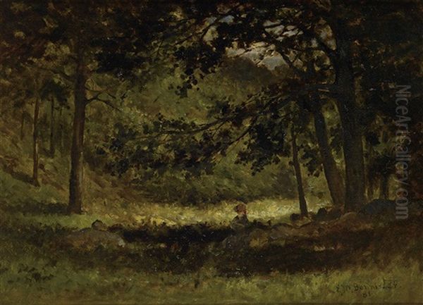 Untitled (landscape With Woman Seated By A Stone Wall) Oil Painting by Edward Mitchell Bannister