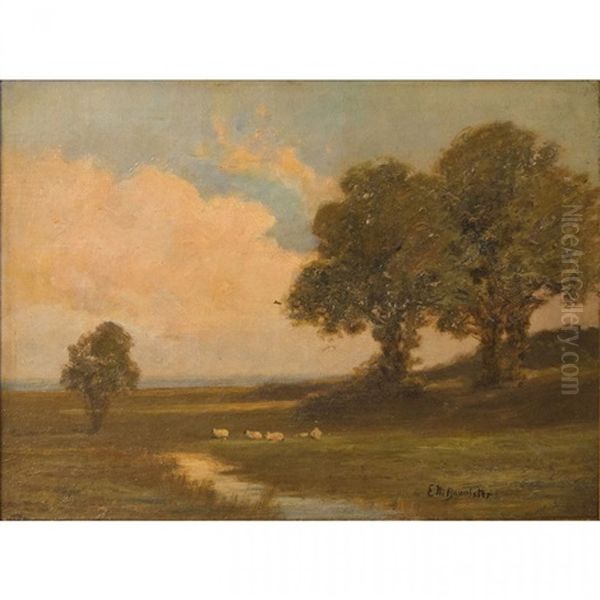 Sheep Grazing In A Newport, Rhode Island Landscape Oil Painting by Edward Mitchell Bannister