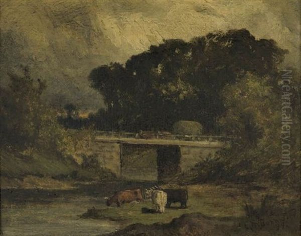 Untitled (landscape With Bridge And Cows) Oil Painting by Edward Mitchell Bannister