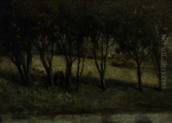 Untitled - Cows In Pasture, Near A Stream Oil Painting by Edward Mitchell Bannister