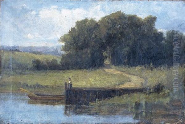 Figure On A Pier At Edge Of Lake Oil Painting by Edward Mitchell Bannister