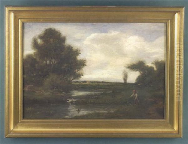 Country Landscape With Man Fishing At A Pond, With Trees In The Foreground And A Town In Background Oil Painting by Edward Mitchell Bannister