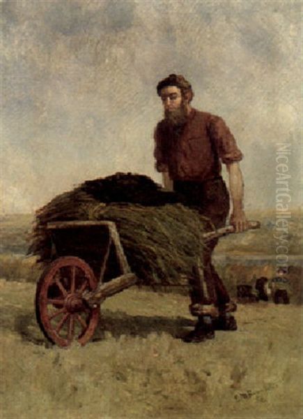 Farmer Pushing A Wheelbarrow Oil Painting by Edward Mitchell Bannister