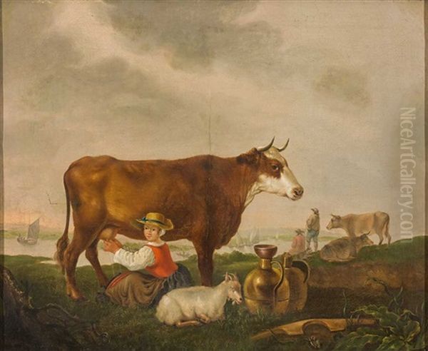 Hirten Mit Herde Am Flussufer, Im Vordergrund Junge Bauerin In Tracht Beim Melken Der Kuh Oil Painting by Johann Friedrich Ludwig Bantelmann
