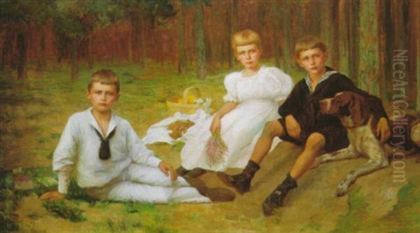 Die Kinder Der Familie Bienert Beim Picknick Im Wald Oil Painting by Carl Bantzer
