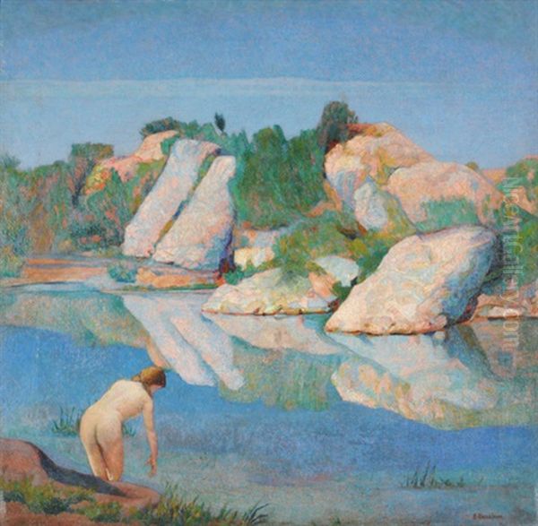 Badende Am Ufer Des Scrivia Flusses Oil Painting by Angelo Barabino