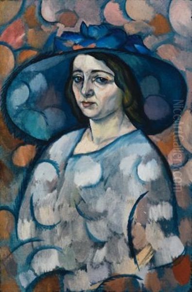 Lady In A Blue Hat Oil Painting by Vladimir Davidovich Baranoff-Rossine