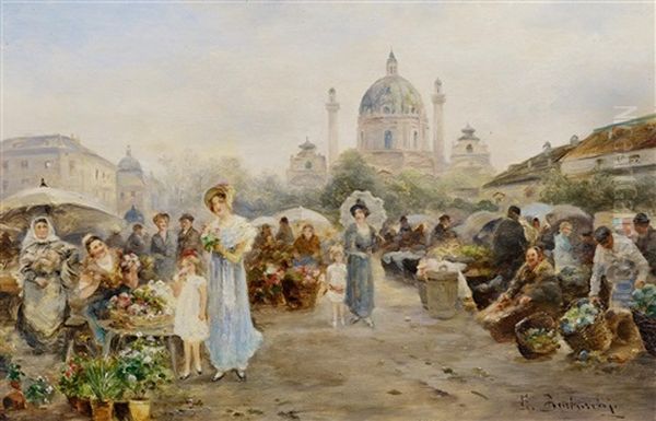 Blumenmarkt Vor Der Karlskriche In Wien Oil Painting by Emil Barbarini