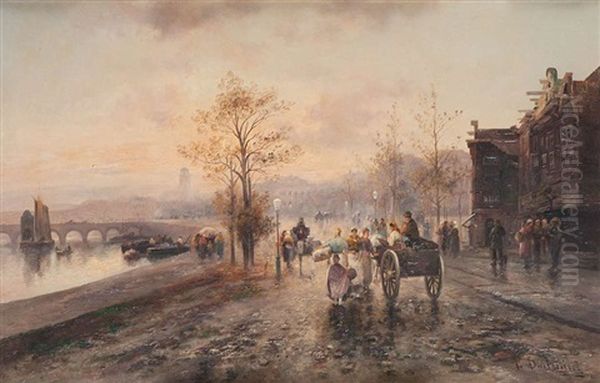 Vue D'une Ville Animee (francfort?) Au Bord De La Rive Apres La Pluie Oil Painting by Emil Barbarini