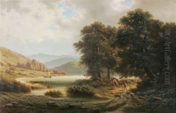 Schweizer Seeufer Mit Reiterin Und Wanderer Oil Painting by Franz Barbarini