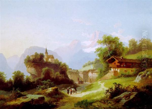 Gebirgsdorf Mit Einer Kirche Auf Felskuppe Oil Painting by Franz Barbarini