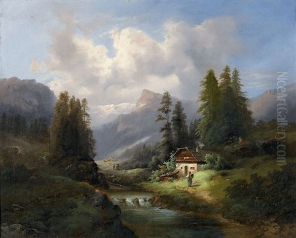 Sommerliche Berglandschaft Mit Bauern Und Einem Haus Oil Painting by Gustav Barbarini