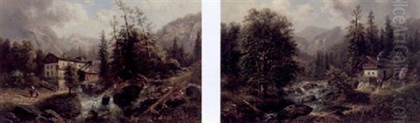 Hochgebirgslandschaft Mit Figuren Und Hausern An Einem Bergbach Oil Painting by Gustav Barbarini