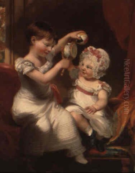 Two Sisters, Seated In An Interior, Playing Oil Painting by Thomas Barber