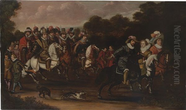 A Cavalcade Of The Princes Of Oranje-nassau And Their Family, With The Winter King And Queen, And The Duke Of Braunschweig, All Riding In A Wooded Landscape Oil Painting by Pieter Barbiers