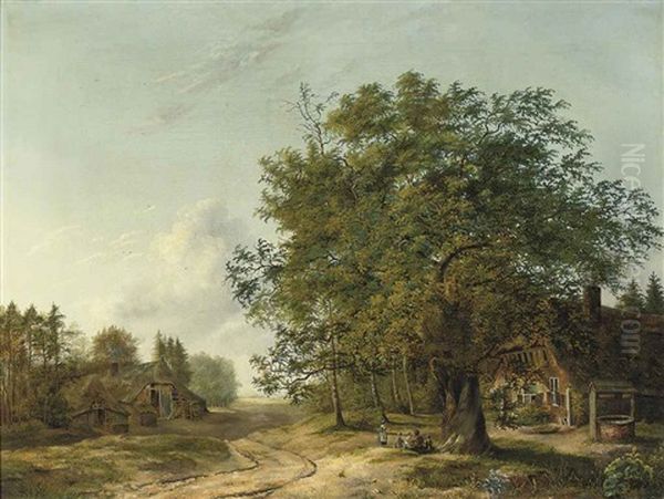 A Wooded Landscape With Children Playing Near A Cottage Oil Painting by Pieter Barbiers