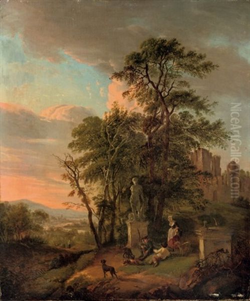 An Italianate River Landscape With Figures Resting Near A Classical Sculpture, Ruins In The Background Oil Painting by Pieter Barbiers