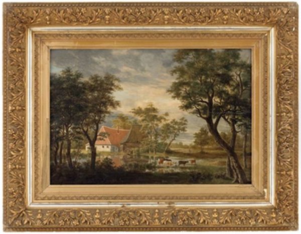 Sommerlandschaft Mit Gehoft Und Kuhen Am Weiher Oil Painting by Pieter Barbiers