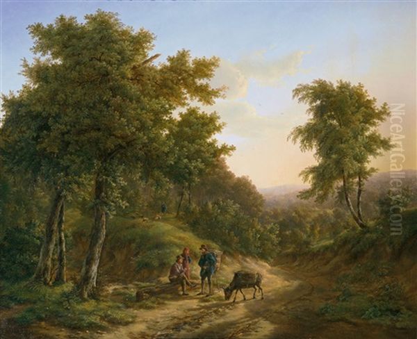 Mittelgebirgslandschaft Mit Rastenden Wanderern Oil Painting by Pieter Barbiers