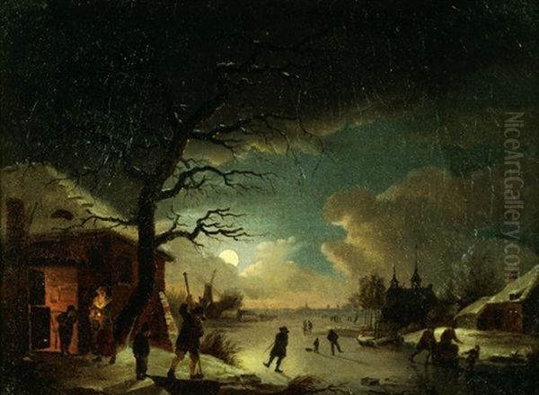 Scene De Patinage Sur Une Riviere Gelee Au Clair De Lune Oil Painting by Pieter Barbiers