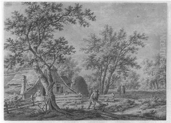 Bauerngehoft An Einem Kleinen Bach Und Unter Hohen Baumen Oil Painting by Pieter Barbiers