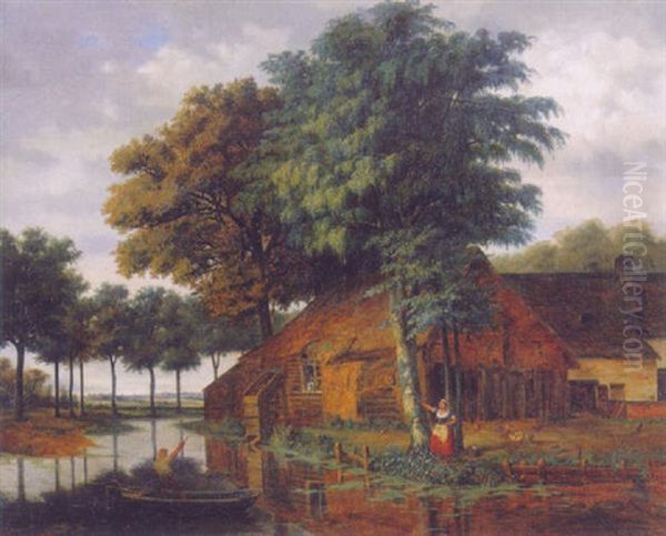A Peasant Woman By A Farm, A Fisherman In A Rowing Boat Nearby Oil Painting by Pieter Barbiers
