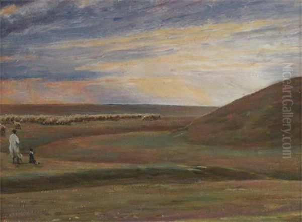Sheep Near The Round Barrow, Stonehenge Oil Painting by Edgar Barclay