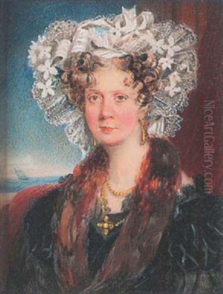 Mrs. Gideon Newland Wearing Black Dress With Lace Trim, Fur Stole, White Lace Bonnet With Ribbons And Flowers, Gold Necklace And Pendant Earrings Oil Painting by Hugh William Barclay