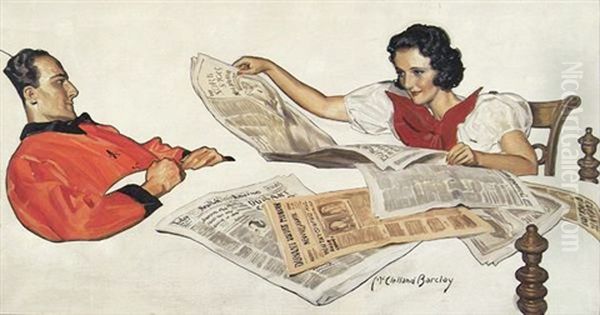 Woman Reading Newspaper To Convalescing Man Oil Painting by Mcclelland Barclay