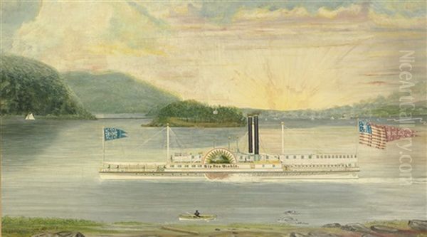 The Paddle Steamboat "rip Van Winkle" (collab. W/john Bard) Oil Painting by James Bard