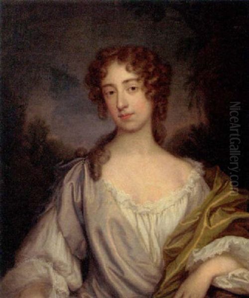 Portrait Of A Lady In A White And Mauve Dress And A Green Wrap, In A Wooded Landscape Oil Painting by Thomas Bardwell