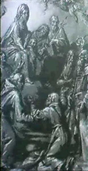 A Francescan Monk Kneeling Before A Vision Of The Virgin... Oil Painting by Dirck Barendsz.