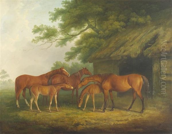 Mares And Fouls Near A Thatched Barn Oil Painting by James Barenger the Younger