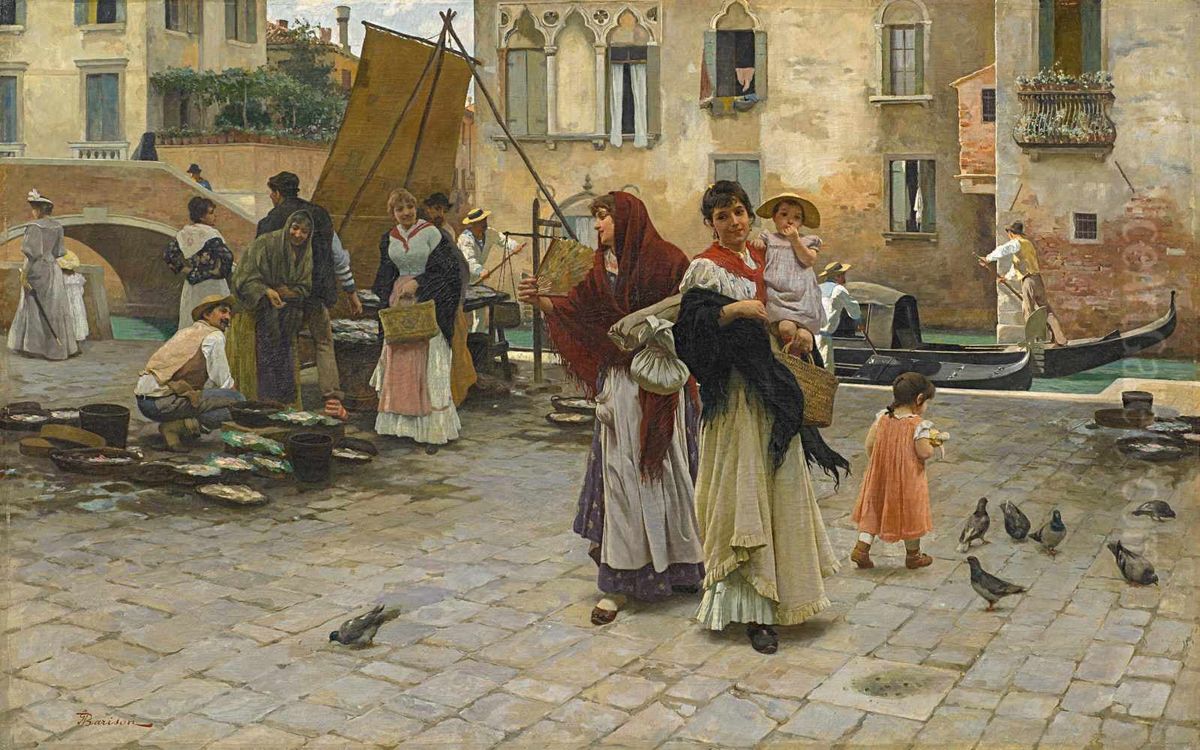 In Venedig. Geschaftiges Treiben Auf Einem Fischmarkt Oil Painting by Giuseppe Barison