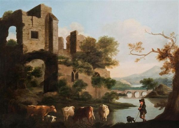 Drover With Cattle By A Ruin With A River, Bridge And Woodland In The Distance Oil Painting by Benjamin Barker
