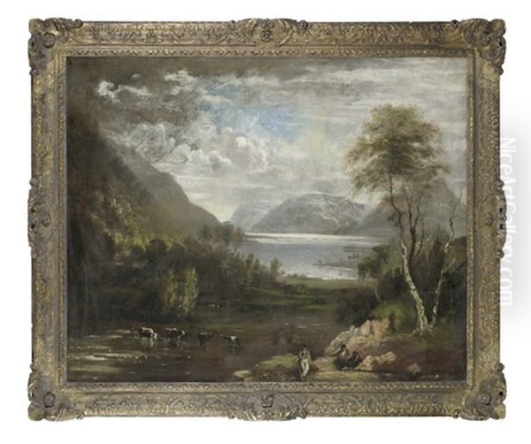 Fishermen By A River In A Carved Frame Oil Painting by Benjamin Barker