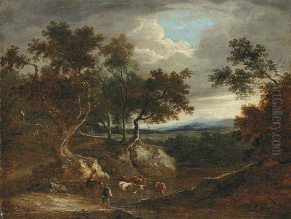 An Extensive Wooded Landscape With Herdsmen And Cattle Oil Painting by Benjamin Barker