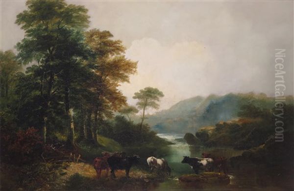 Cattle Watering In A River Landscape Oil Painting by Benjamin Barker