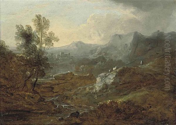 A Mountainous River Landscape With A Shepherd And His Flock, A Fortified Town Beyond Oil Painting by Benjamin Barker